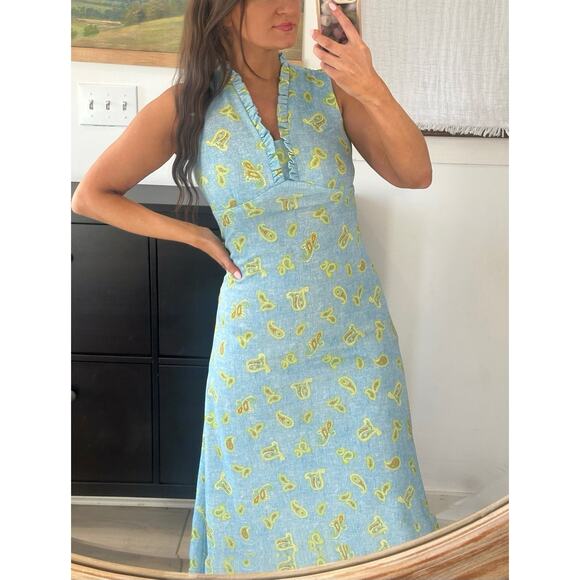 60’s 70’s D Lang Fashions ILGWU Blue Paisley Ruffle Neck Maxi Dress - Picture 3 of 10